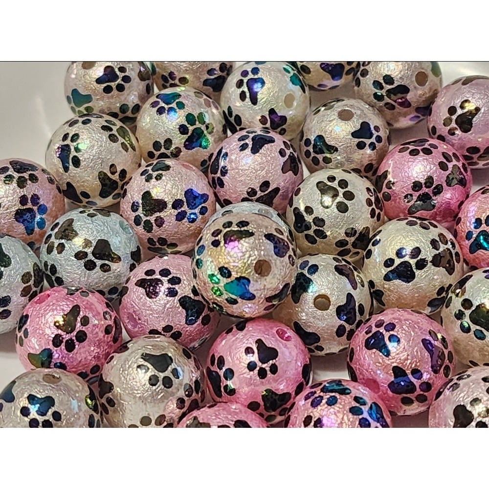 Paw Print Beads 5 Pcs Acrylic 16mm White Round Crafts Jewelry Making